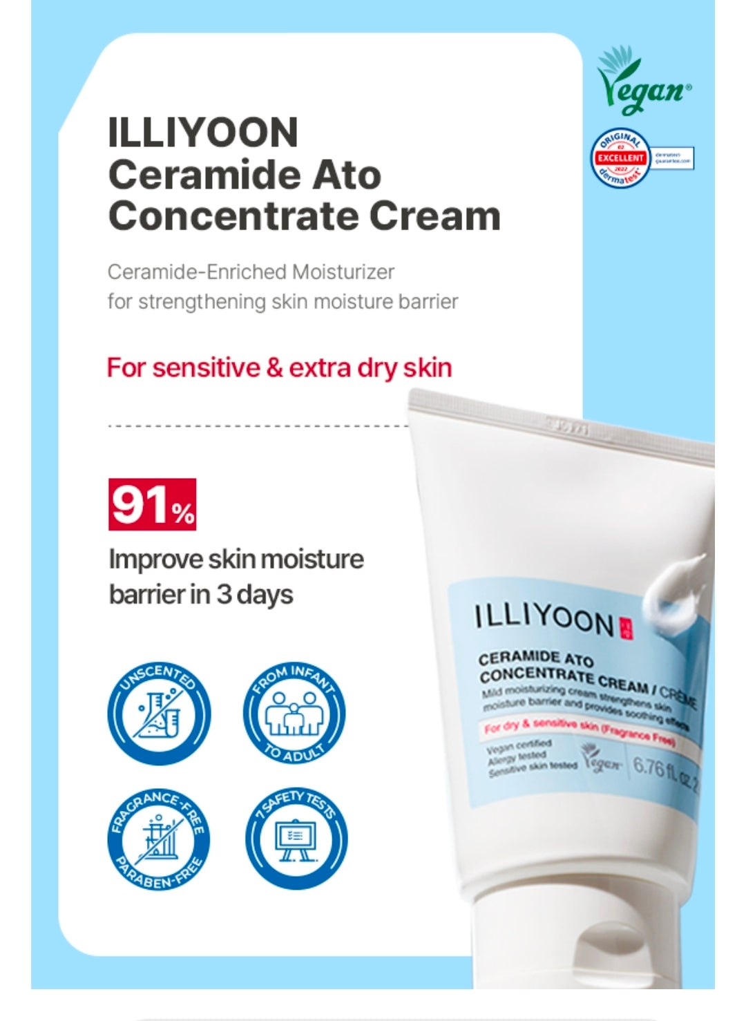 Illiyoon Ceramide Ato Concentrate Cream - Moisturizer for Dry & Sensitive Skin, 100hr Lasting Hydration, For Face & Body, Gentle for Infants, Moisture Barrier Repair, Vegan Certified, 7.8oz