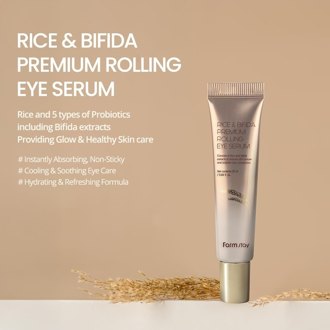 Suero para ojos Farmstay Rice & Bifida Premium con niacinamida, corrector, refrescante y calmante para las manchas oscuras. Crema para ojos para la hinchazón.