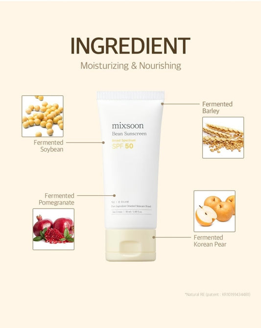 Mixsoon Bean Sunscreen SPF 50 - Airy Texture Type Lightweight No White Cast For Face Korean Glass Skin Care