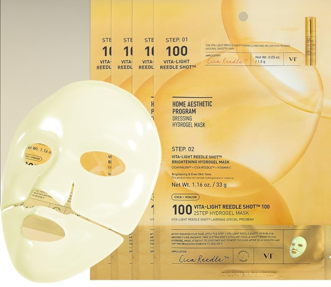 VT Cosmetics Vita-Light Reedle Shot 100 - 2 Step Brightening Hydrogel Mask - Cicahyalon + Cica Reedle + Vitamin C - Intensive Glowing, Exosome Glutathione, Melting - 1 Mask