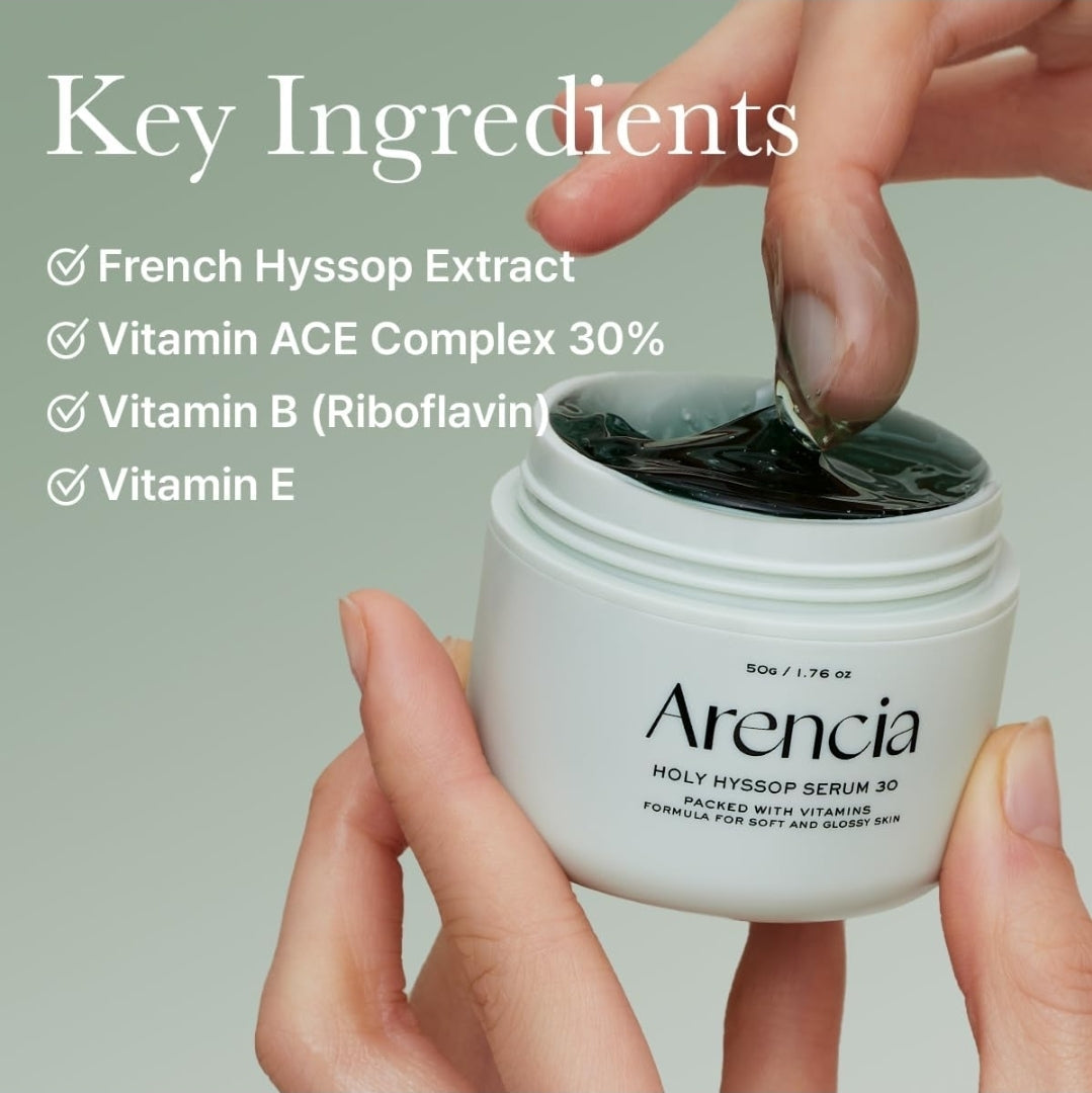 Arencia Holy Hyssop Serum 30 - Hydrating & Anti-Aging Serum for younger looking Korean Glass Skin, 30% Vitamin A, C, E, 10% Niacinamide, Peptide