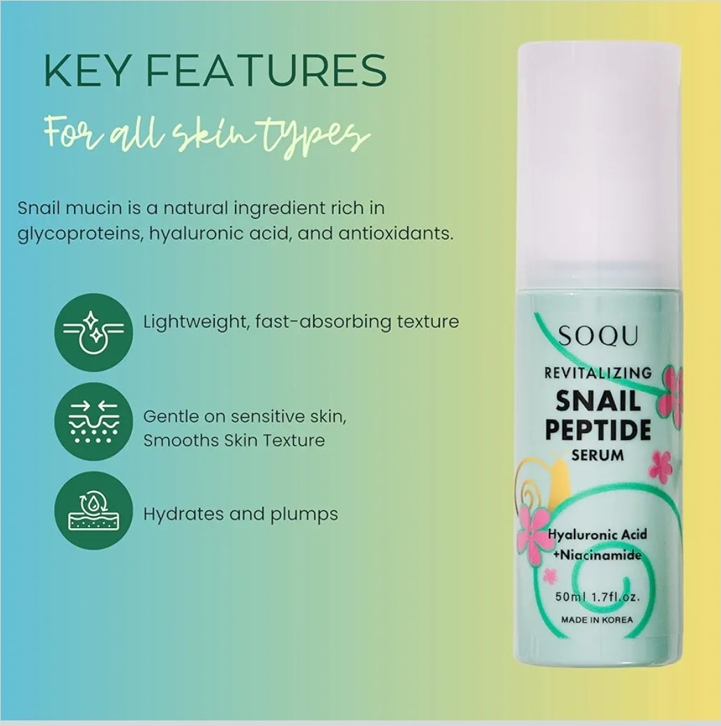 SOQU Revitalizing Snail Peptide Serum - Hydrating Serum with Snail Extract, Peptides, Niacinamide and Hyaluronic Acid, Improves Skin Texture and Tone