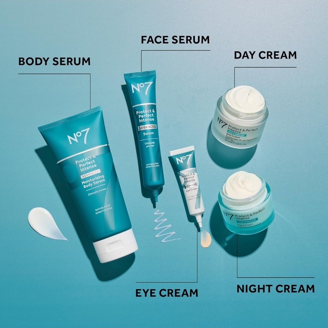 No7 Protect & Perfect Intense Advanced Serum: suero facial antiedad que suaviza y reafirma visiblemente las líneas finas y arrugas.
