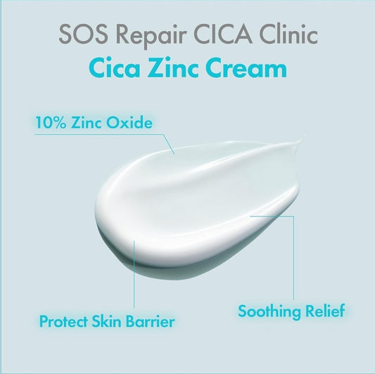 TOSOWOONG SOS Repair CICA Clinic Zinc Cream - 10% Zinc Oxide, Heal, Soothe Acne, Redness, Rosacea Treatment, Skin Barrier Repair, Moisture, Non-Comedogenic, Korean Skin Care