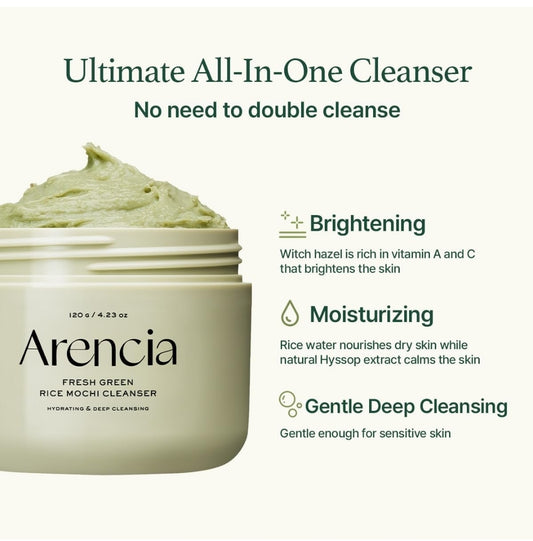Arencia Fresh Green Rice Mochi Cleanser - Gentle Scrub All in One - Deep Cleansing, Moisturizing, Pore Minimizing with Rice Water & Green Tea, Mugwort
