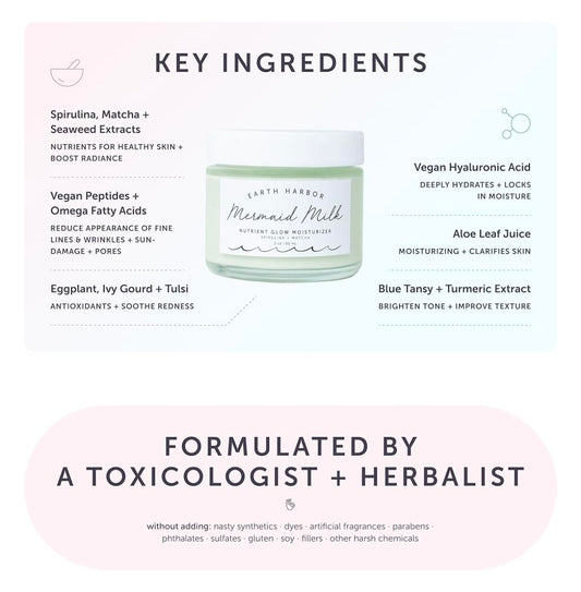 Earth Harbor MERMAID MILK Nutrient Glow Moisturizer - Lightweight Botanical Hydration, Matcha and Spirulina, 100% Non-GMO + Plant-Based - Hydrates and balances skin without a greasy feeling
