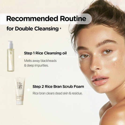 MIDHA Rice Cleansing Oil + Rice Bran Scrub Foam - Facial Cleanser Daily Makeup Remover Set - Long Lasting Cleanser & Hydration - 2 Piece Set