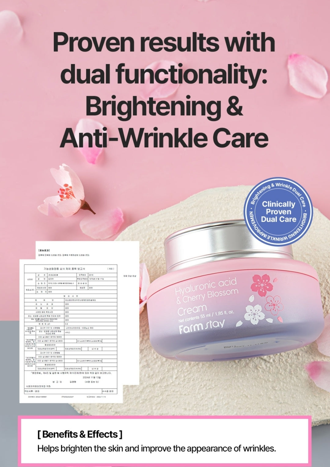 Farmstay Hyaluronic Acid & Cherry Blossom Cream - Brightening and Anti-Wrinkle, Moisturizes, glow, softness, and firmness