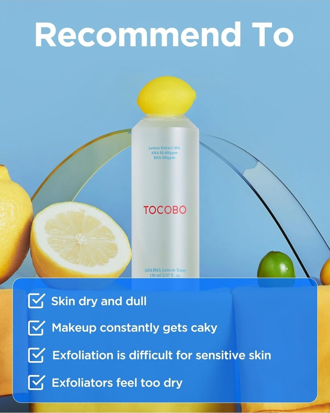 Tónico facial de limón TOCOBO AHA BHA: vitamina C y extracto de limón, AHA, BHA, calmante, hidratante, vegano.