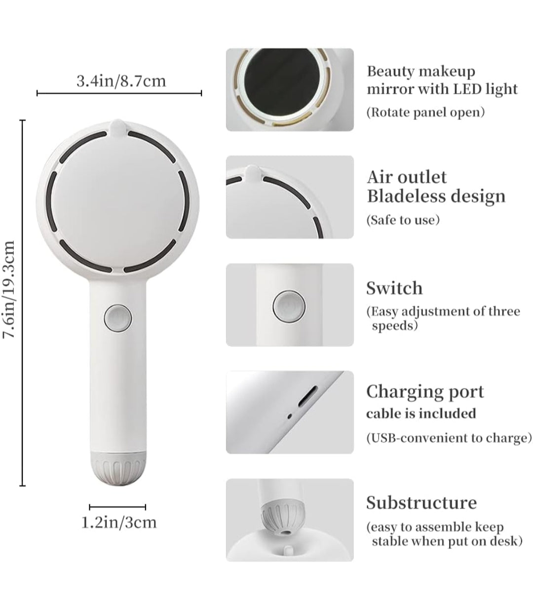 RCA Mini Makeup Mirror with LED light and Fan