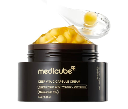 medicube Deep Vita C Capsule Cream Set - Cream + 7 Travel Size Capsules - Liposome Vitamin C Golden Capsule for Radiance & Firm-Looking Skin, Hydrating Glow Gel Texture