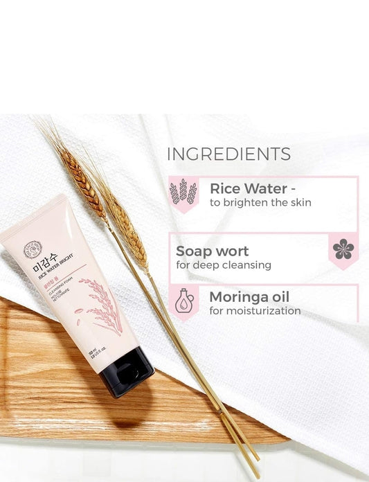The Face Shop Rice Bright Cleansing Foam - Washes away dirt & impurities, Melts makeup, Removes dead skin cells, Deeply cleanses the skin, Hydrates & brightens the skin