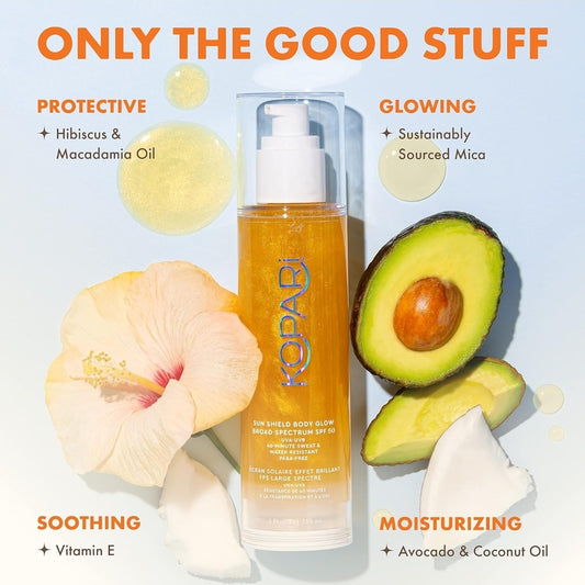 Kopari Sun Shield Body Glow, Broad Spectrum SPF 50 - Lightweight Shimmering Gel Texture Absorbs Quickly, Non Sticky, Glowing Results