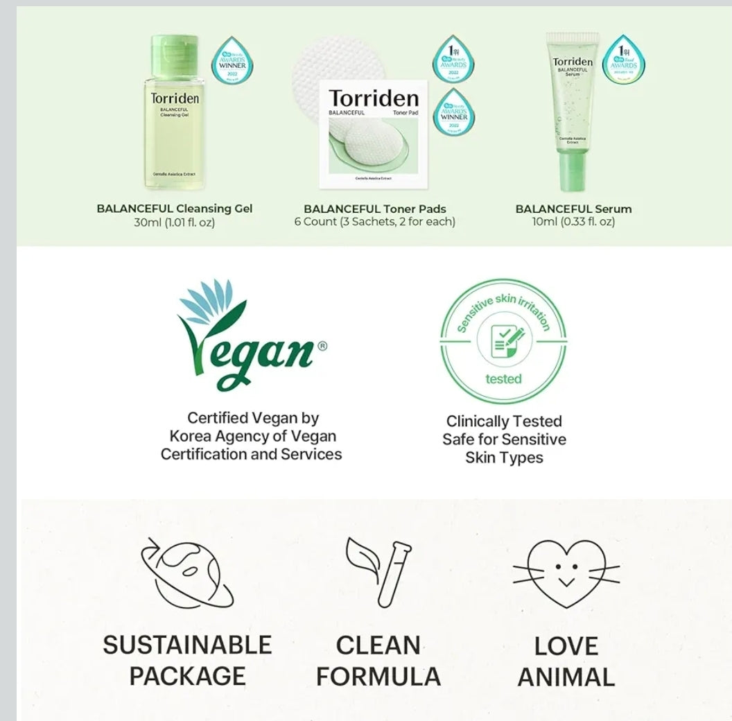 Torriden BalanceFul Cica Trial Kit - Centella Asiatica Extract - Cica Infused Daily Skincare Kit - 4 Step Regimen with Cleansing Gel, Toner Pad, Serum, and Cream - 4 Piece Set