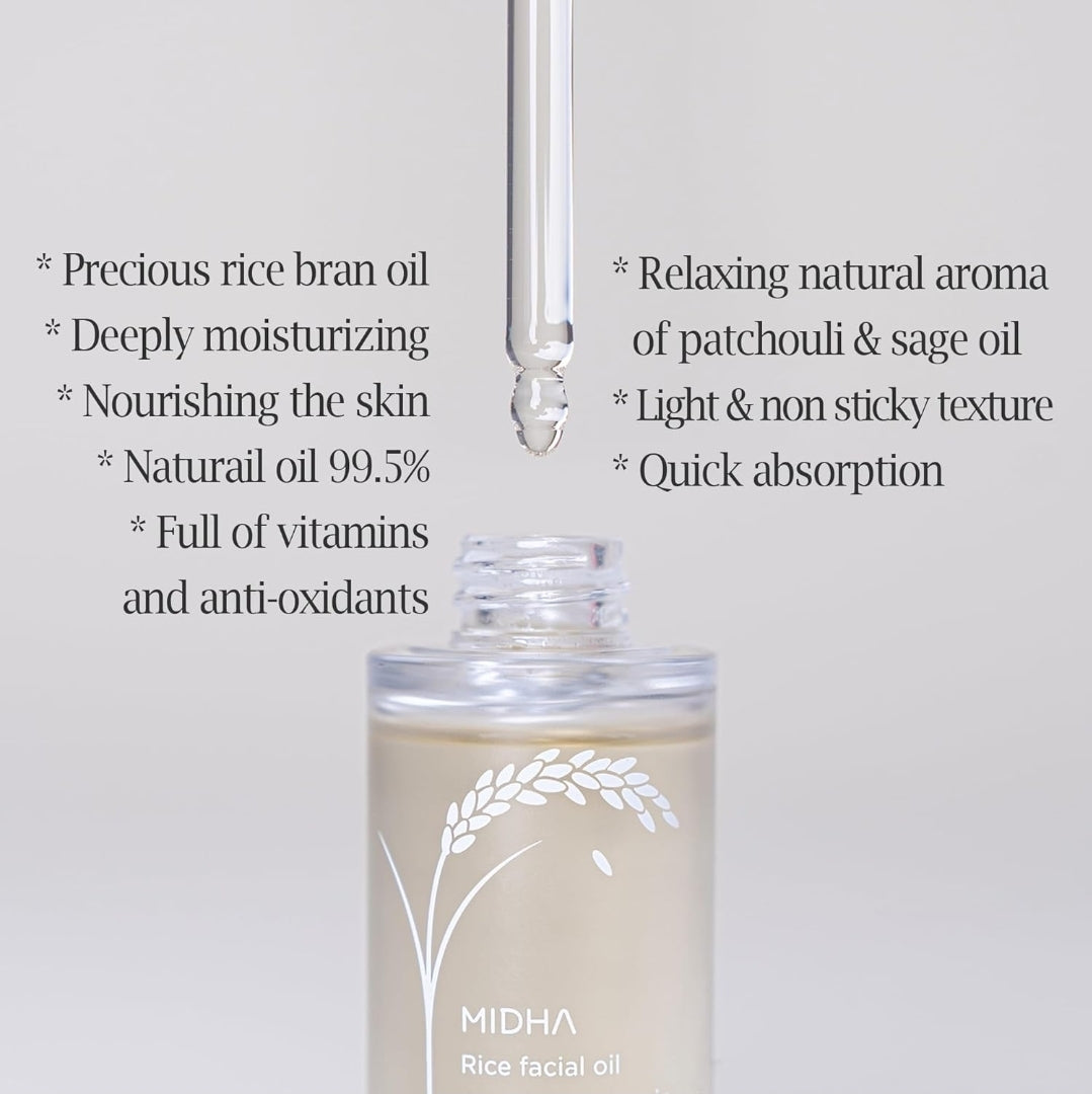 MIDHA Rice Facial Oil - Skin Moisturizing, Deep Hydration and Quick Absorption - Non greasy Light Oil