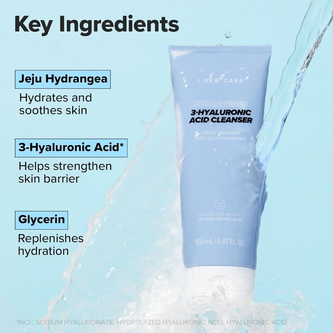 I DEW CARE Cuidado de la Piel - Hydra Vibes - Set de 3 piezas + 1 Diadema de Gato Gratis - Limpiador, suero y humectante con ácido hialurónico de diferente peso molecular