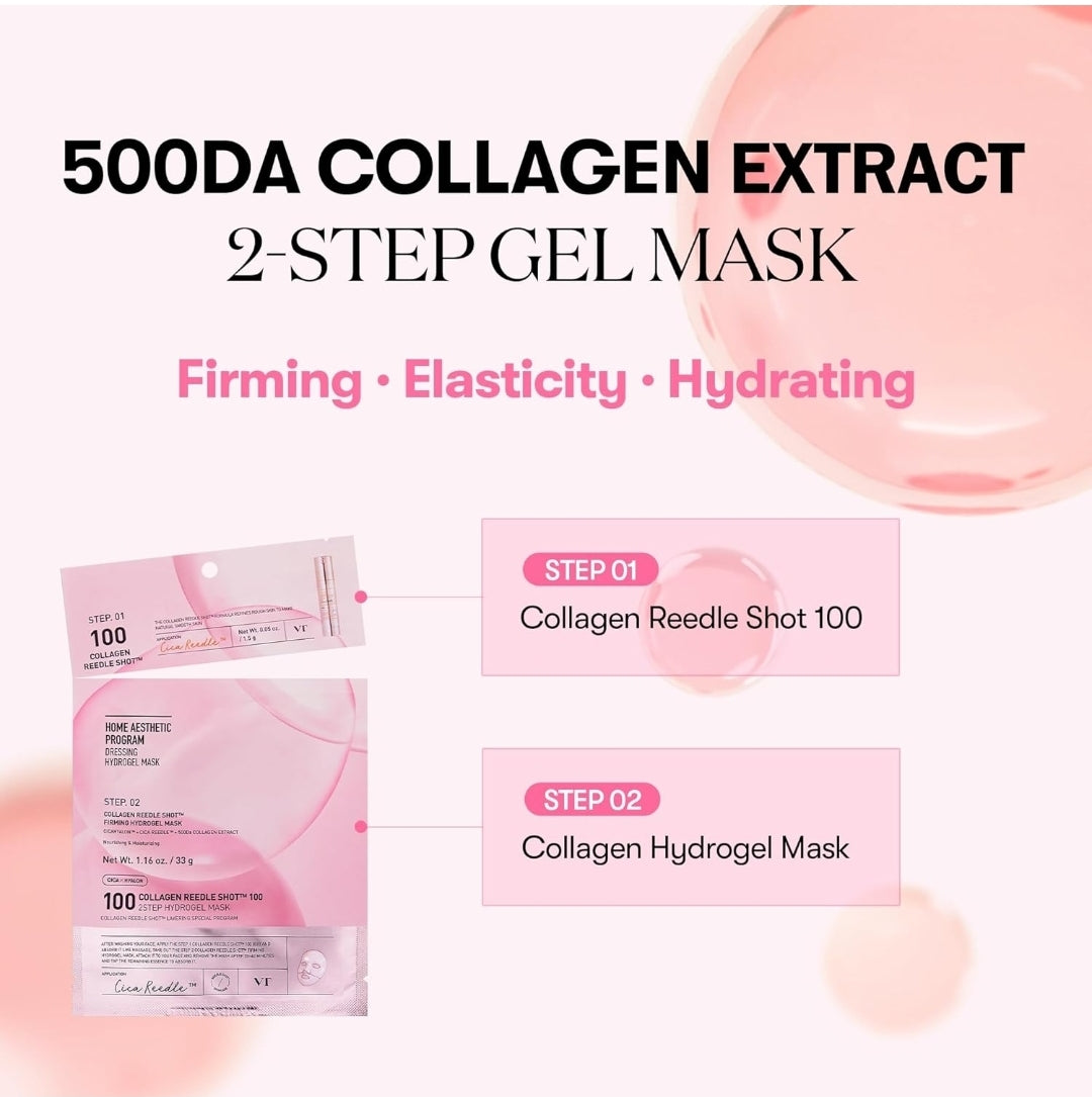 VT Cosmetics Collagen Reedle Shot 100 2-Step Hydrogel Mask - Intensive Firming, Exosome Collagen, Fine Lines, Overnight Melting - 1 Mask