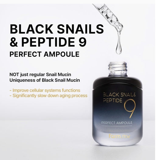 Farmstay Black Snail & Peptide9 Perfect Ampoule - Snail Mucin Serum for Elastic & Glow Skin, Boosting Radiance & Repairing Skin Barrier Serum