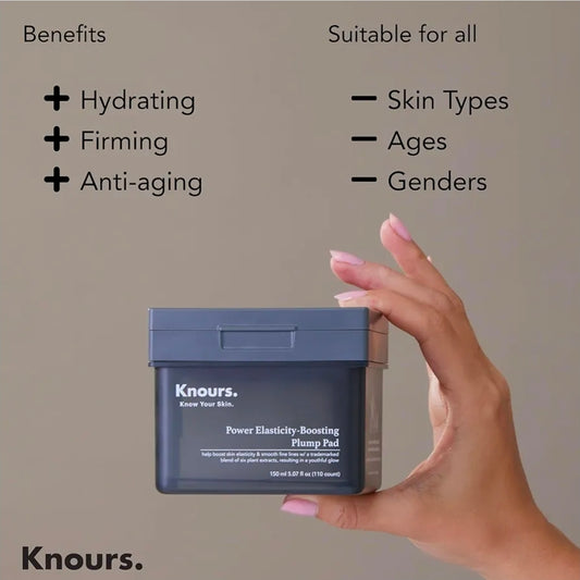 Almohadillas rellenadoras Knours Power Elasticity Boosting - Extracto de 6 plantas, suaviza líneas de expresión, reafirmante, elasticidad, refuerzo de colágeno, almohadilla tónica premium 2 en 1 + mascarilla facial, albahaca sagrada, 110 almohadillas