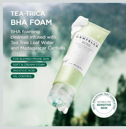 SKIN1004 Tea-Trica BHA Foam - Makeup Remover with Centella Asiatica & Tea Tree, Korean Face Cleanser for Oil & Sebum Balance, Cleansing Foam for Clearing Impurities