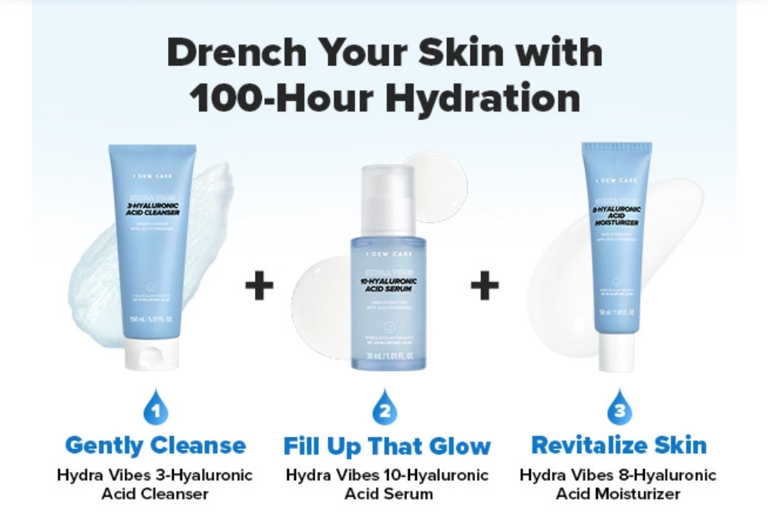 I DEW CARE Cuidado de la Piel - Hydra Vibes - Set de 3 piezas + 1 Diadema de Gato Gratis - Limpiador, suero y humectante con ácido hialurónico de diferente peso molecular