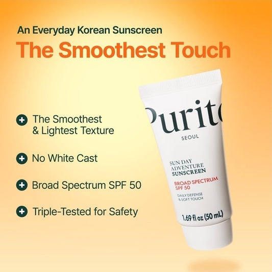 PURITO Sun Day Adventure Korean Sunscreen - Smoothest and Lightest Texture Broad Spectrum SPF 50 UVA & UVB Protection No White Cast Oil Free For All Skin Types Vegan Daily Skin Care