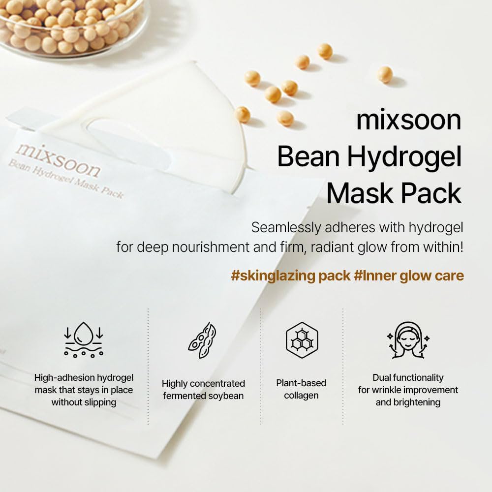 Mixsoon Bean Collagen Hydrogel Mask - Plant-Based Nutrition, Radiance, Hydration All-In-One Firming, Absorbing Over Time Korean Bean Essence Korean Collagen Mask - 1 Mask