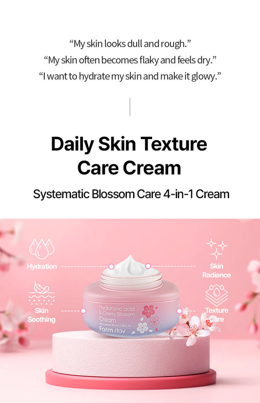 Farmstay Hyaluronic Acid & Cherry Blossom Cream - Brightening and Anti-Wrinkle, Moisturizes, glow, softness, and firmness