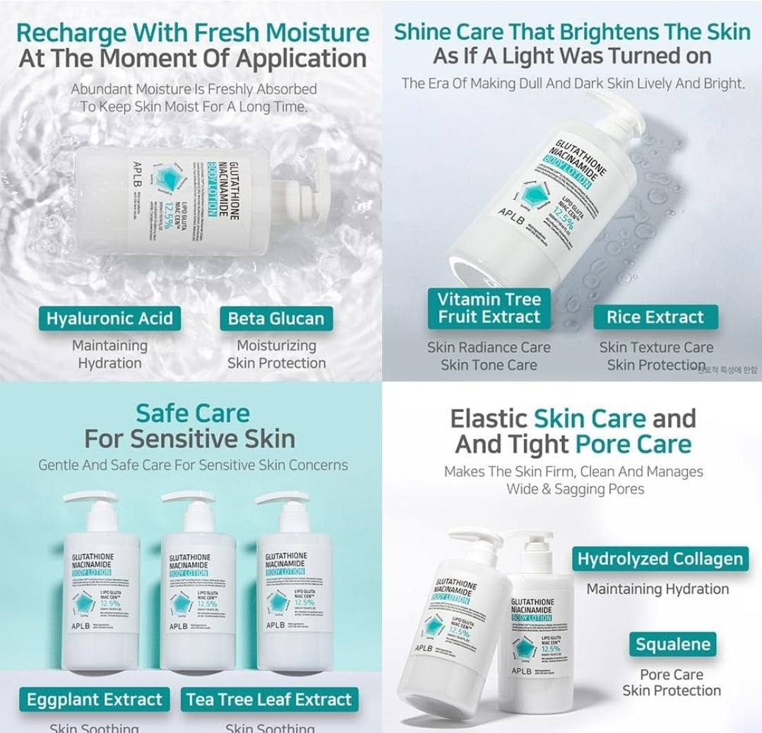 Loción corporal APLB Glutathione Niacinamide - LIPO GLUTA NIAC CEN 12.5% - Hidratación duradera, revitaliza y mejora la textura de la piel