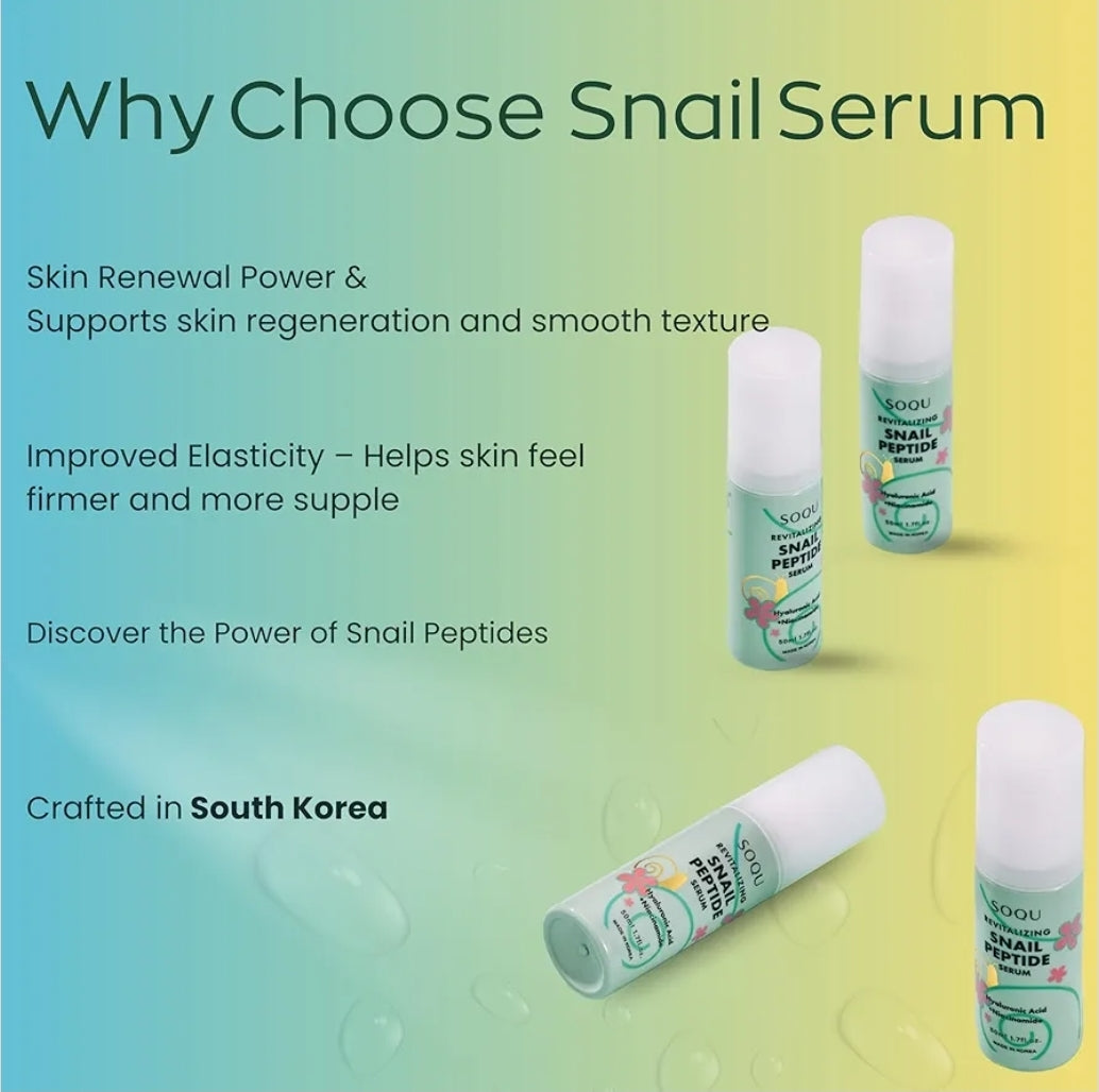 SOQU Revitalizing Snail Peptide Serum - Hydrating Serum with Snail Extract, Peptides, Niacinamide and Hyaluronic Acid, Improves Skin Texture and Tone