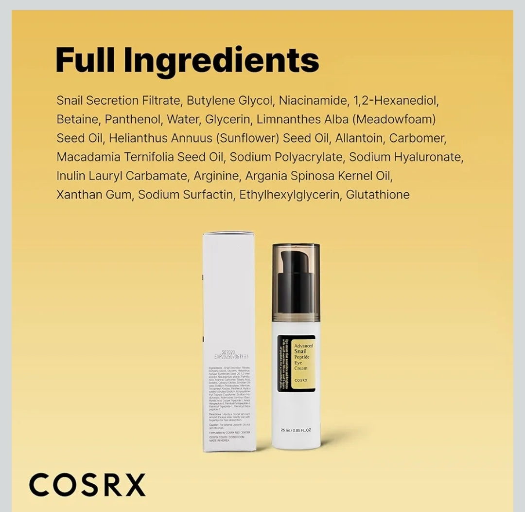 COSRX Advanced Snail Mucin Peptide Under Eye Cream - 73.7% Snail Mucin and Niacinamide, Eye Care, Eye Cream Anti Aging, Dark Circles