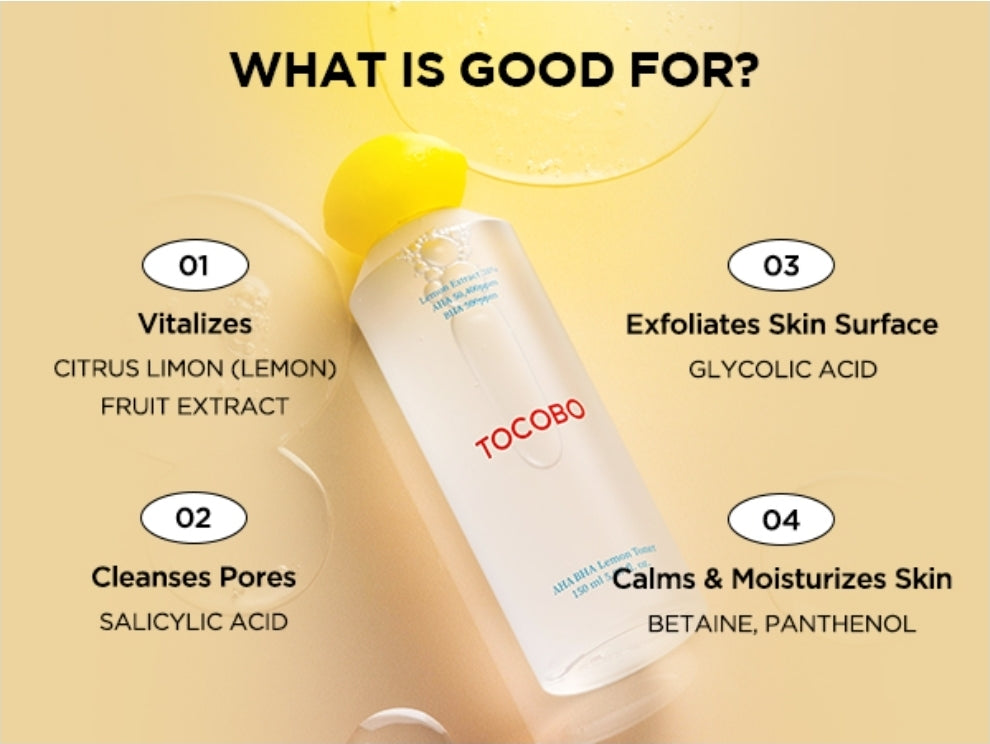 Tónico facial de limón TOCOBO AHA BHA: vitamina C y extracto de limón, AHA, BHA, calmante, hidratante, vegano.
