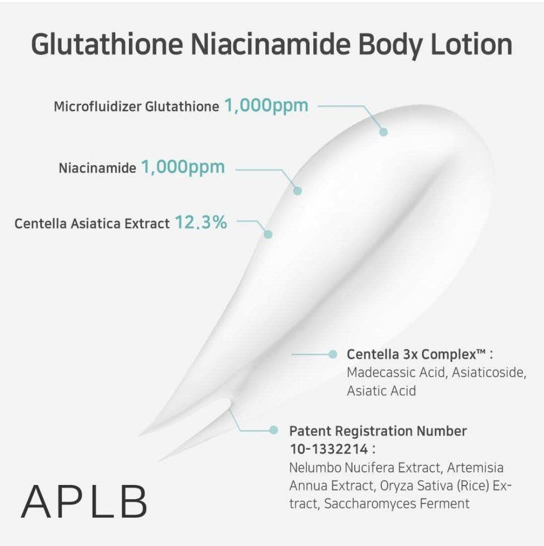 Loción corporal APLB Glutathione Niacinamide - LIPO GLUTA NIAC CEN 12.5% - Hidratación duradera, revitaliza y mejora la textura de la piel