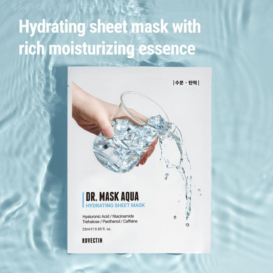 ROVECTIN Dr. Mask AQUA Hydrating Sheet Mask - 7 Layers of Hyaluronic Acid Facial Mask with Niacinamide (Vit B3) and Panthenol (Vit B5) - Anti-aging barrier repair complex - 1 Mask