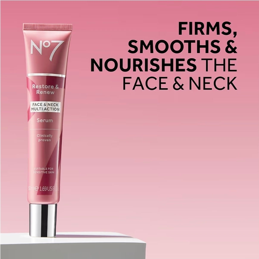 No7 Restore & Renew Multi-Action Face & Neck Serum - Anti Aging Serum for Deep Wrinkle Repair - Collagen Infused Skincare with a Hydrating Blend of Hibiscus Peptides & Hyaluronic Acid (1oz)