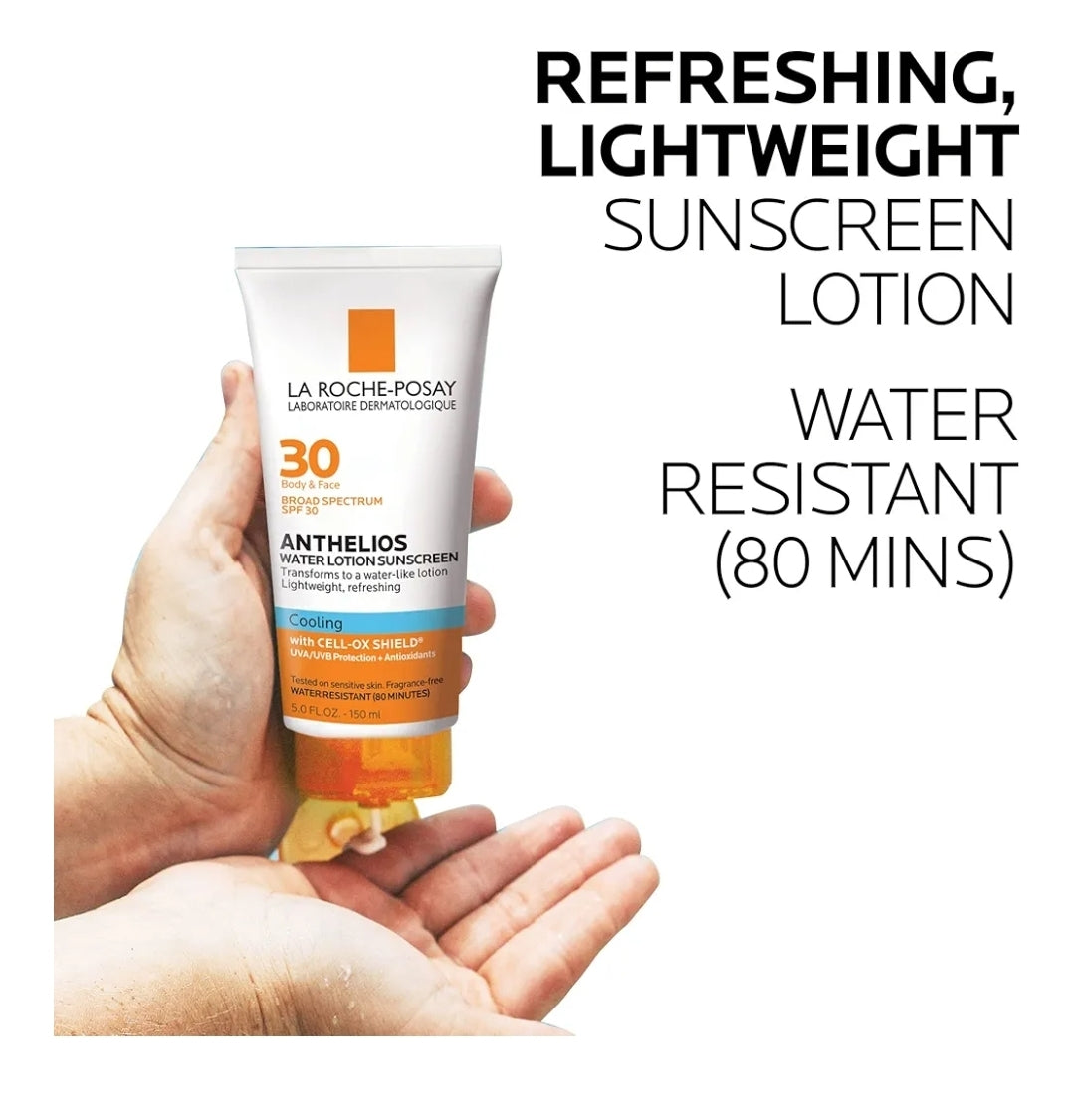 Loción protectora solar La Roche-Posay Anthelios Cooling Water para rostro y cuerpo FPS 30 - FPS de amplio espectro + antioxidantes, absorción rápida, sin aceite