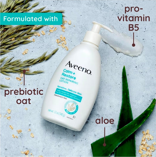 Aveeno Calm + Restore Oat Repairing Body Lotion for Sensitive Skin - Daily Moisturizer with Prebiotic Oat, Aloe & Pro-Vitamin B5, Fragrance Free Body Lotion Helps Heal Dry Skin