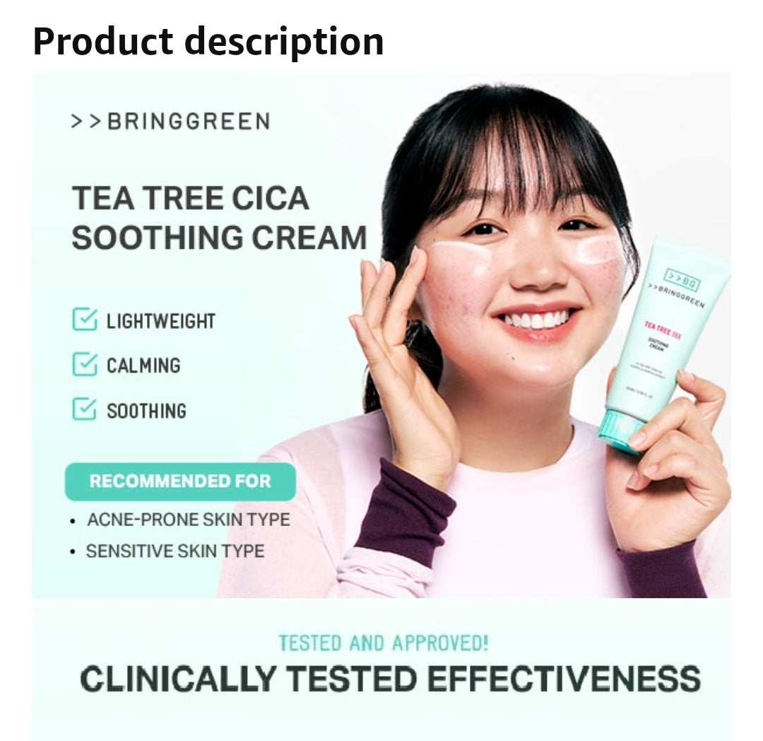 BRINGGREEN Tea Tree Cica Soothing Cream Plus - Korean Skin care, calming and soothing, moisturizer for skin, facial cream, trouble care, blackhead removing pore care