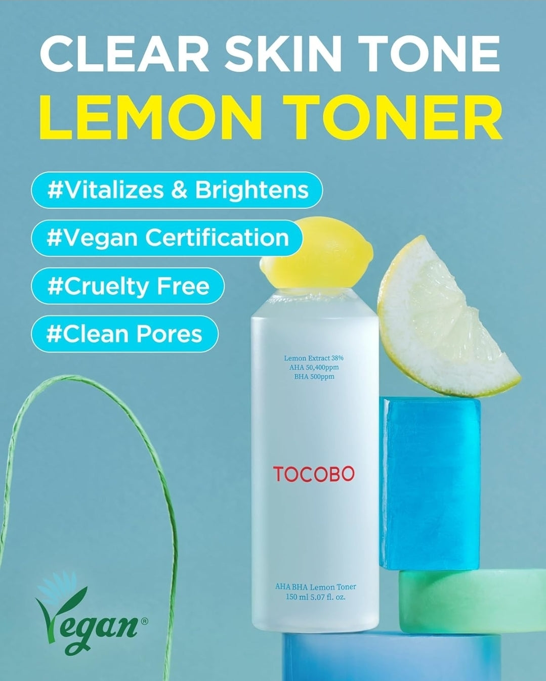 Tónico facial de limón TOCOBO AHA BHA: vitamina C y extracto de limón, AHA, BHA, calmante, hidratante, vegano.