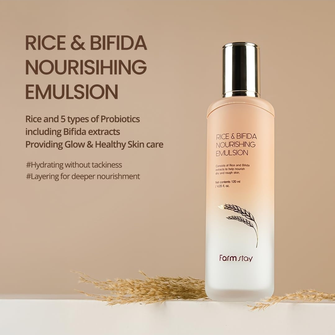 Emulsión nutritiva de arroz y bífida Farmstay: corrector de manchas oscuras con niacinamida, hidratante y suavizante de arroz para una piel radiante.