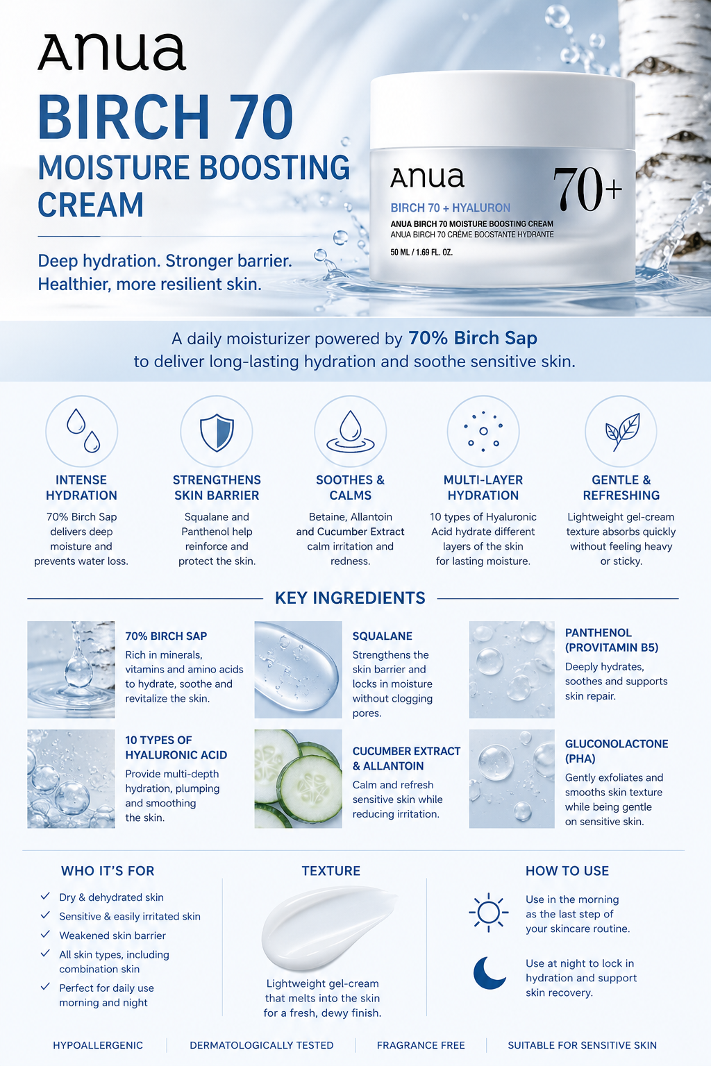 Anua Birch 70 Moisture Boosting Cream - Panthenol and 10 types of Hyaluronic Acids that deeply moisturizes
