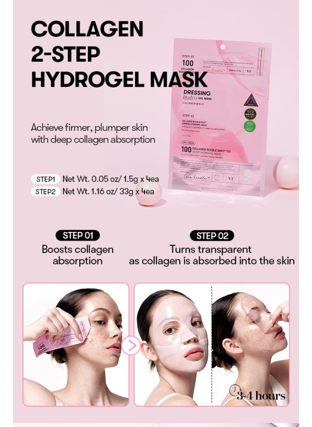 VT Cosmetics Collagen Reedle Shot 100 2-Step Hydrogel Mask - Intensive Firming, Exosome Collagen, Fine Lines, Overnight Melting - 1 Mask