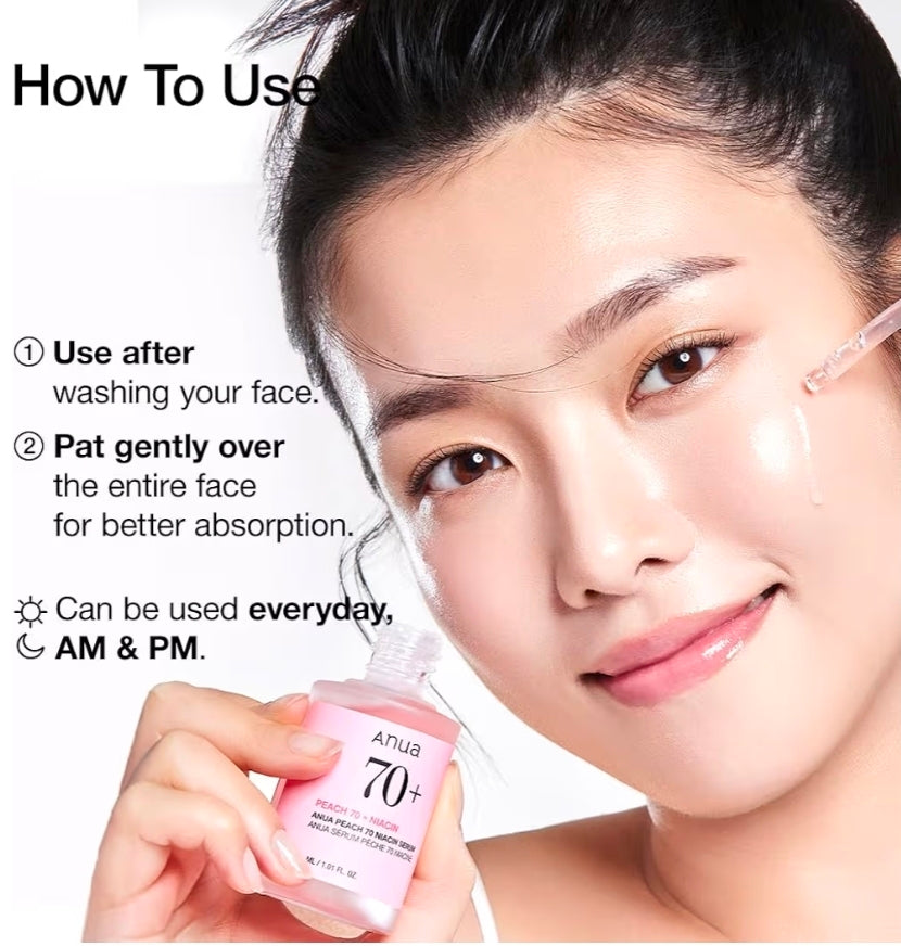 Suero iluminador con niacinamida Anua Peach 70: suero hidratante facial para pieles apagadas, ilumina e hidrata.