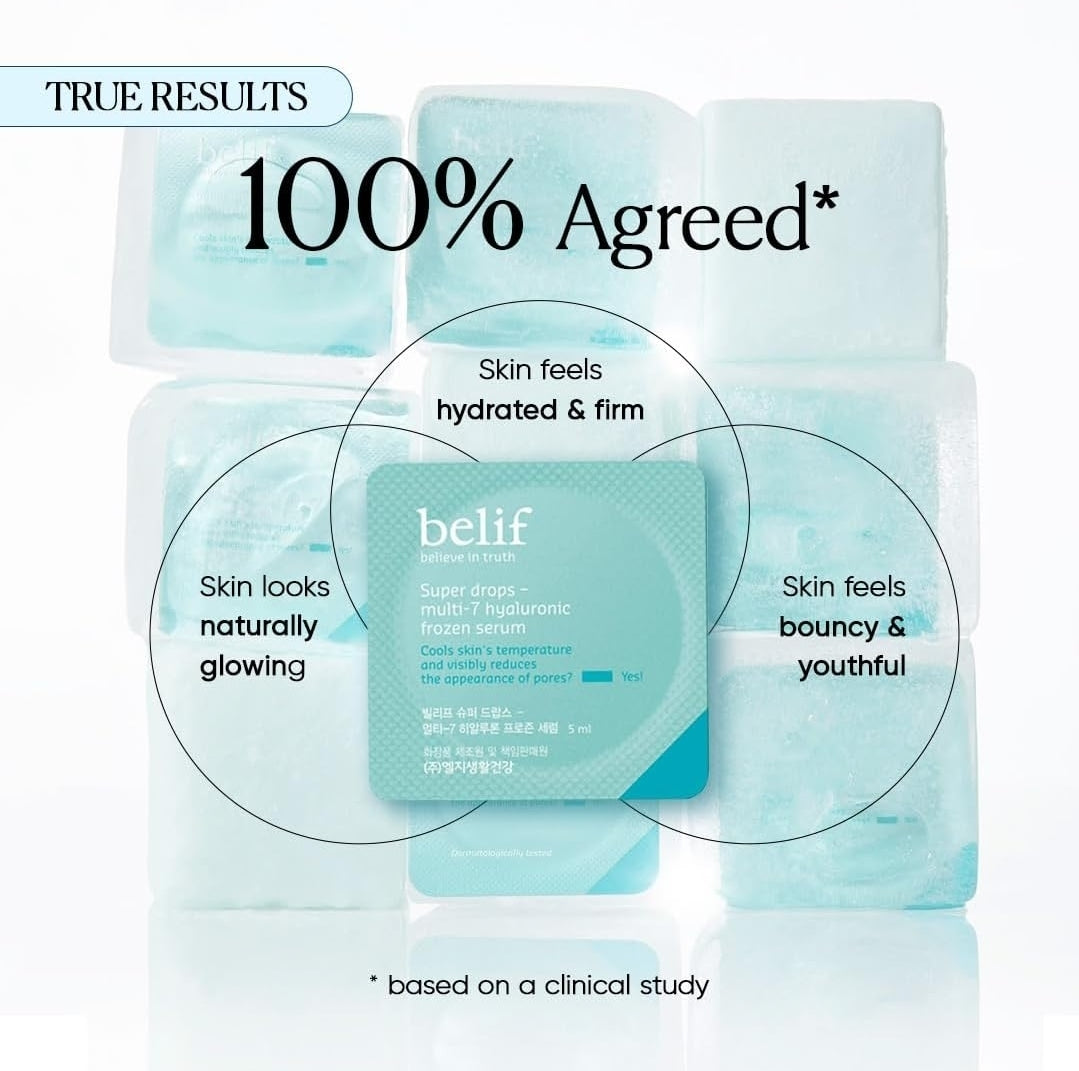 Belif Super Drops Multi-7 Hyaluronic Frozen Serum - Suero hidratante, calmante y desinflamante con péptidos y cafeína - 9 gotas