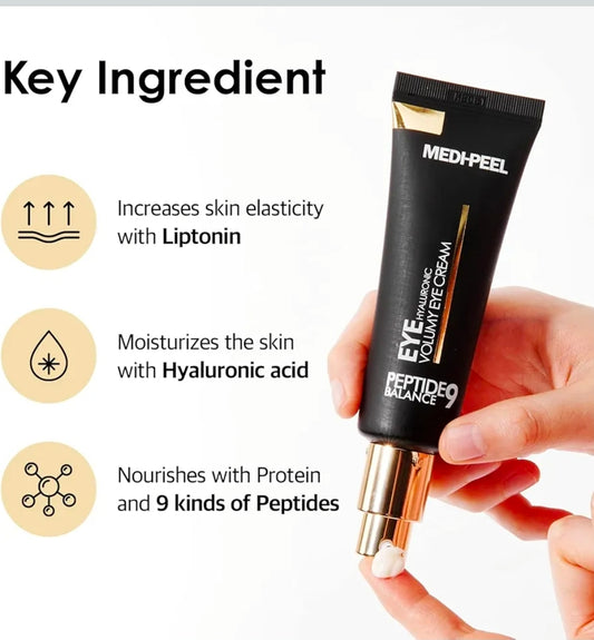 Medi-Peel MDP Peptide9 Hyaluronic Volumy Eye Cream - Anti-Aging, Brightening, Reduces Wrinkles, Under Eye Bags, Dark Circles & Puffiness Care, Hyaluronic Acids, Enhance Elasticity