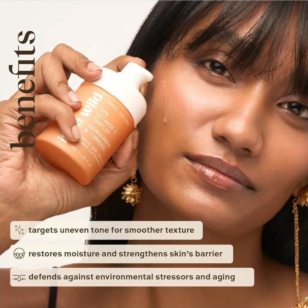 Inde Wild 15% Vitamin C Sunrise Glow Serum - Evens Skin Tone + Brightens Dull Skin, Fades Sun Spots + Sun Tan, Reduces Hyperpigmentation