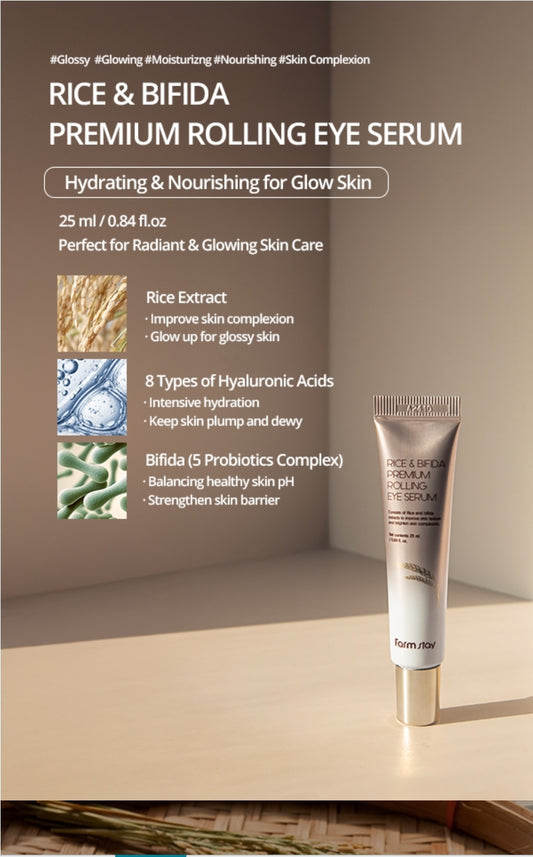 Farmstay Rice & Bifida Premium Rolling Eye Serum with Niacinamide, Dark Spot Remover Correcting, Cooling & Soothing Eye Cream for Puffy