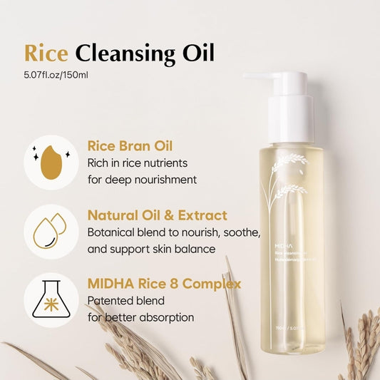 MIDHA Rice Cleansing Oil - Gentle Makeup Remover, Hydrating, Lightweight, Plant-Based, Moisturizing First-Step Cleanser, Balanced Skin with Residue-Free, Sebum Care Formula
