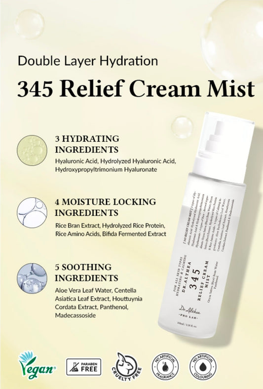 Dr.Althea 345 Relief Cream Mist - Bruma hidratante facial con extracto de arroz, cuidado calmante para piel sensible, vegana