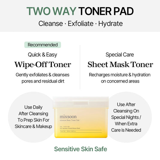 Mixsoon Bean Toner Pad - Hydrates Dry Skin - Deeply hydrates and nourishes the skin